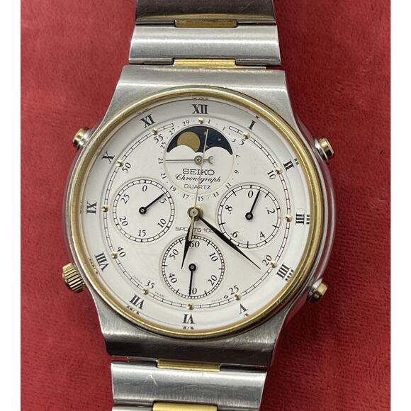 Vtg Seiko 7A48-7009 Watch Sports 100 Moonphase Original Bracelet Chronograph - Picture 3 of 12